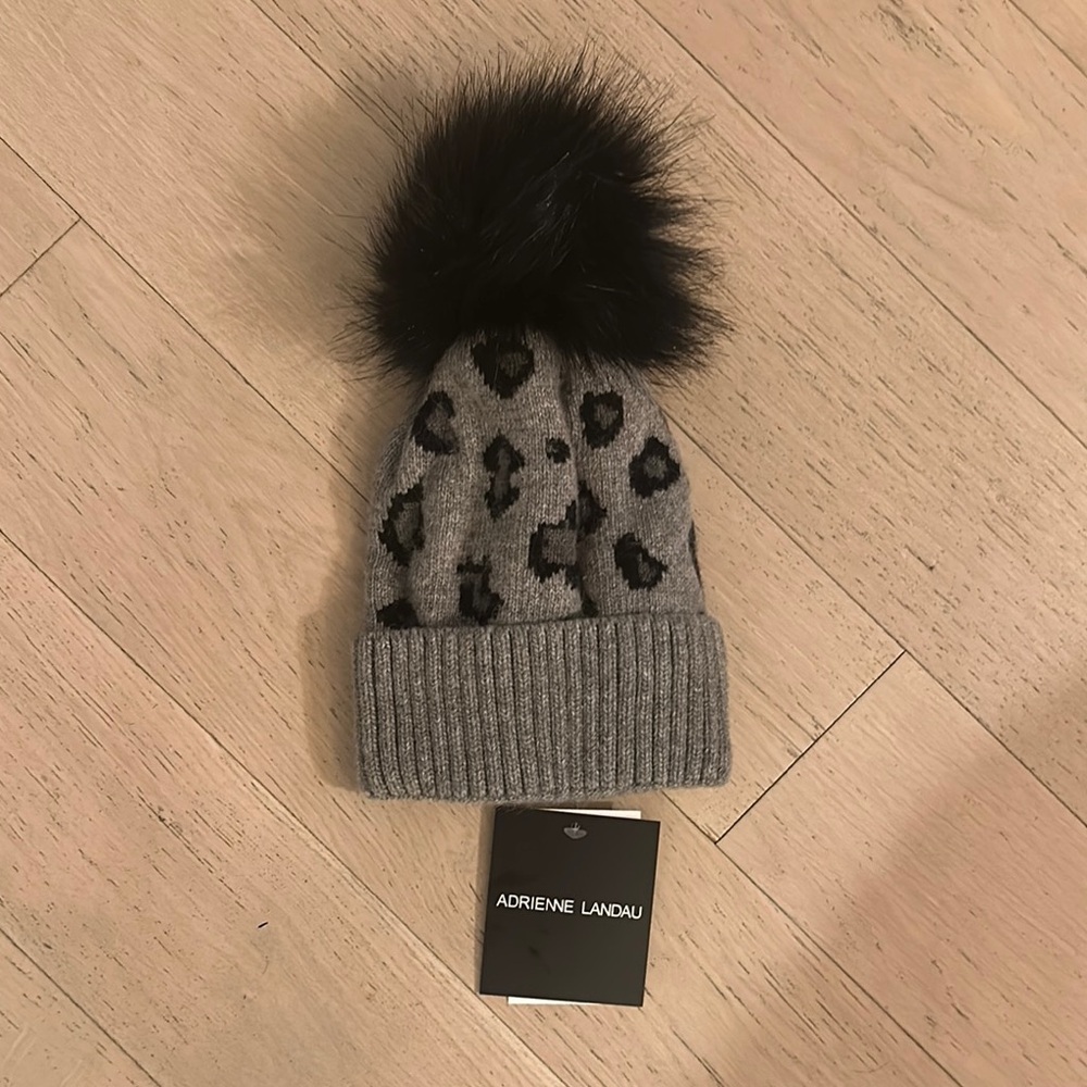 Adrienne Landau Gray Leopard Print Kids Beanie with Black Pom Pom